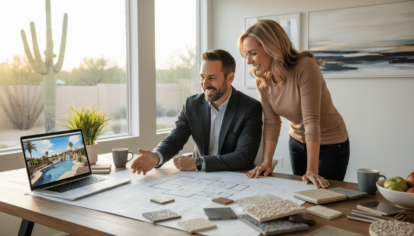 Pool design consultation with homeowners