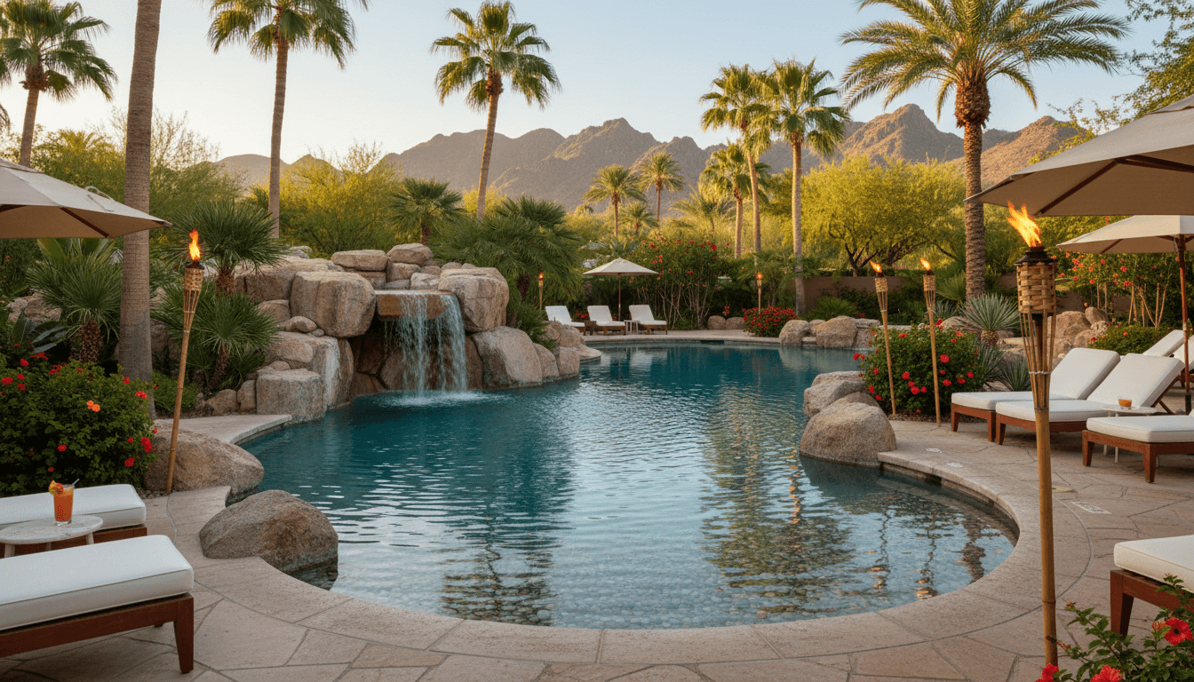 Resort-style freeform pool with beach entry and waterfall
