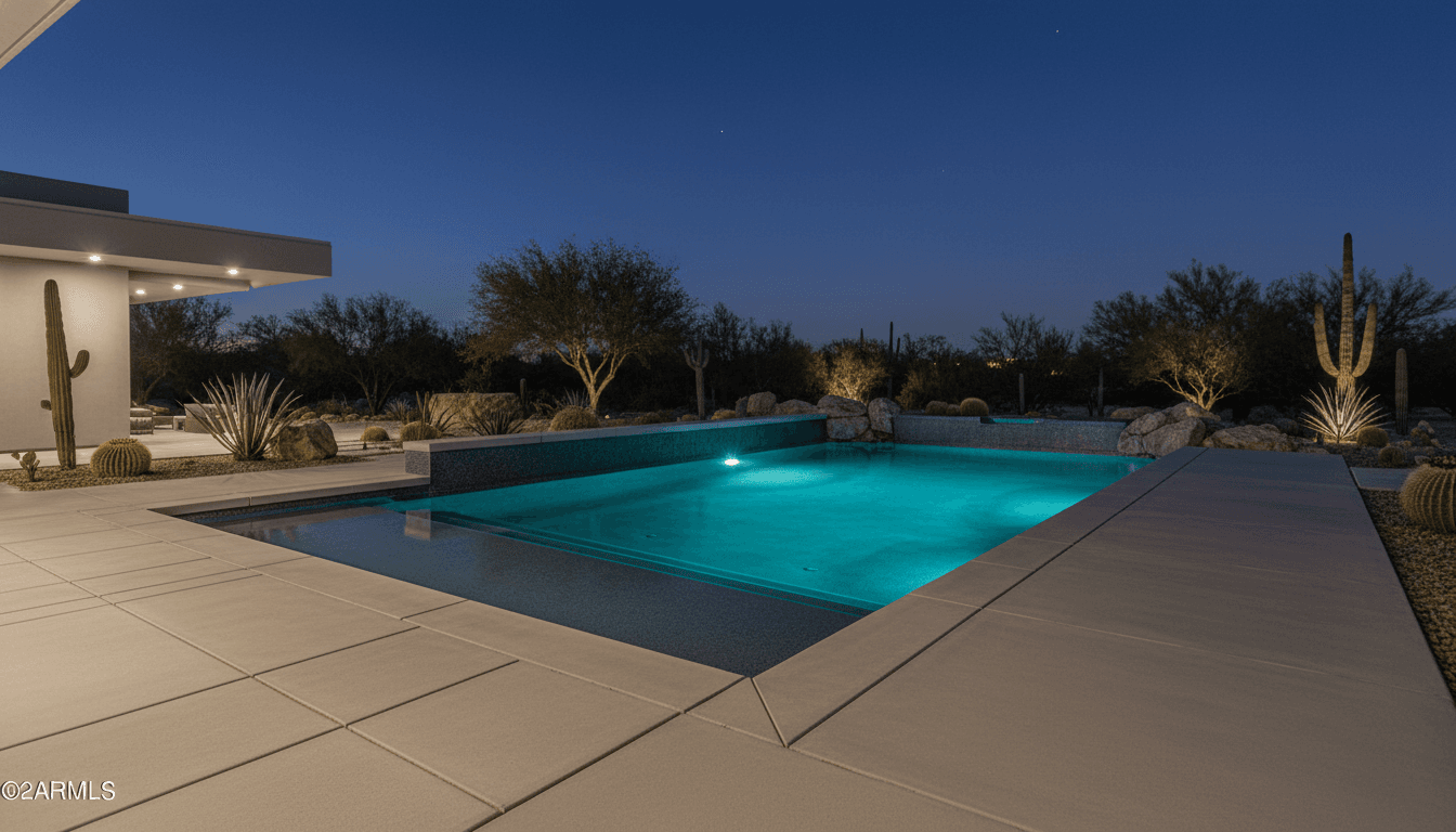 Modern geometric swimming pool with LED lighting