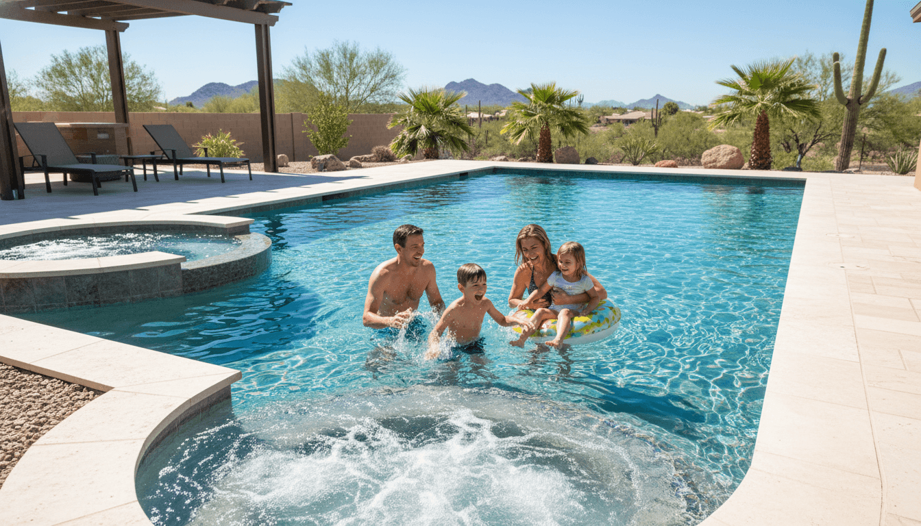 Happy family enjoying their new custom swimming pool